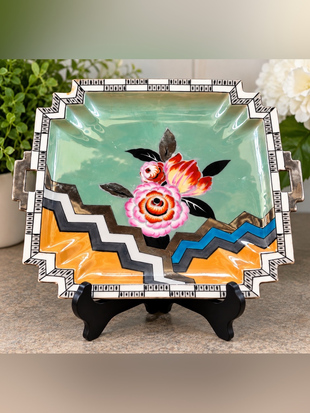 Antique 1920s Noritake Art Deco Hand Painted Porcelain Tray – M Wreath Japan
